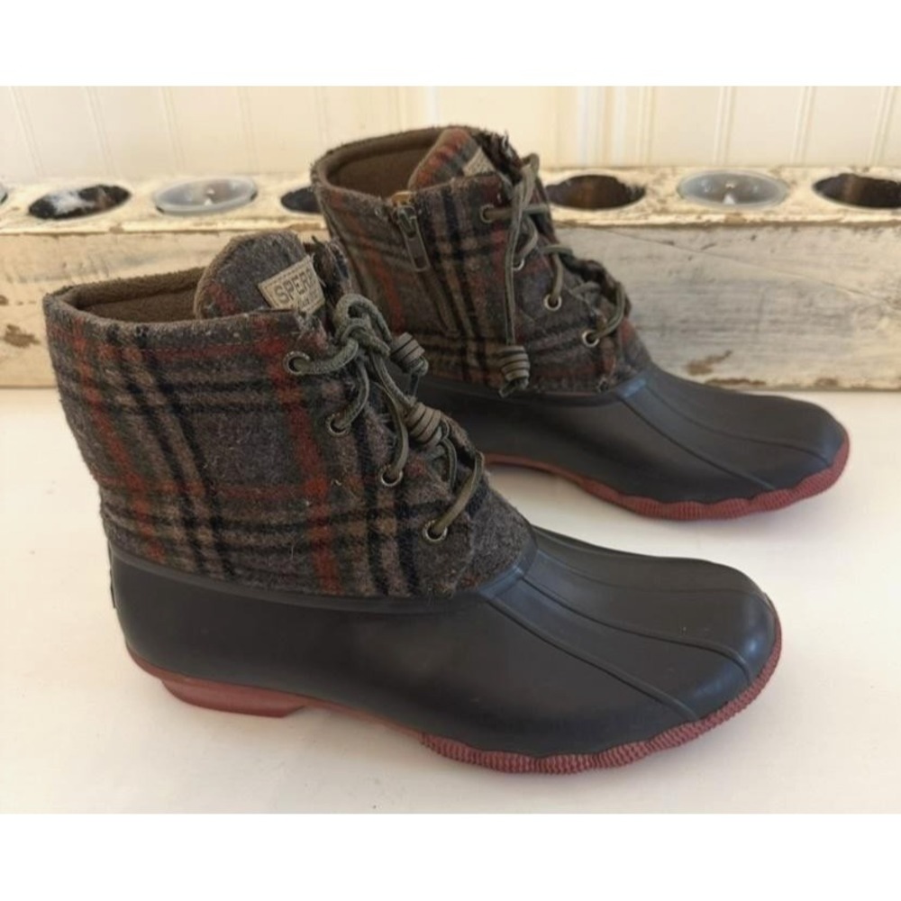 Sperry Duck Boots Womens Size 9.5 Plaid Wool Saltwater Gray Waterproof STS95922